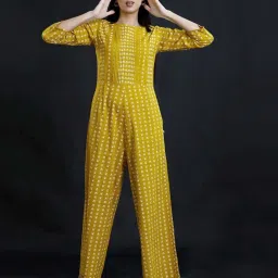Fabnest Green Discharge Print Cotton Jumpsuit With Pintucks At Home Yoke image 4