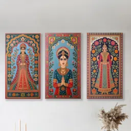 Nestroots Elegant Indian Woman Canvas Series Stretch Canvas Frame Wall Painting - Set of 3 image 1
