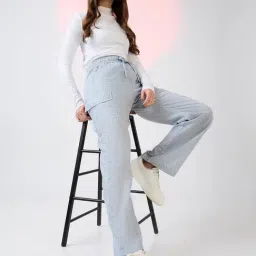 Globus Women Light Blue Self Design Checkered Mid Rise Drawstring Waist Cargo Trousers image 5