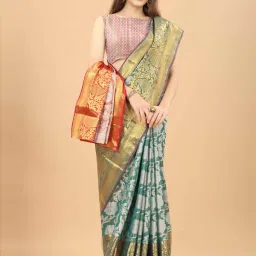 Silk Land Teal Green Woven Saree With Unstitched Blouse image 4