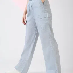 Globus Women Light Blue Self Design Checkered Mid Rise Drawstring Waist Cargo Trousers image 3