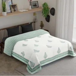 Peepul Tree Quilted Double Bed Cover in Fine Cotton | 300 TC | Reversible Block Printed Quilt image 1