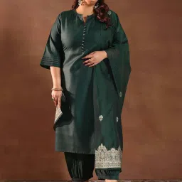 Extra Love By Libas Green Plain Kurta Salwar with Dupatta image 1