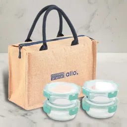 allo Borosilicate Glass Lunch Box Microwave Oven Safe with Detachable Lock and Jute Tiffin Bag image 1