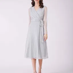 Fablestreet Grey Polyester Plain A-Line Wrap Dress image 1