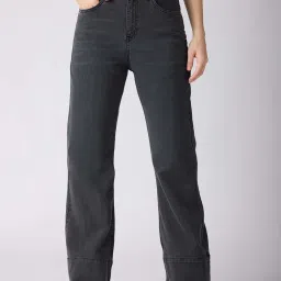 Globus Women Charcoal Cotton Stretch Solid Mid-Rise Wide Bottom Hem Bootcut Jeans image 1