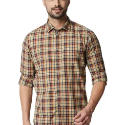 Basics Lark Khaki Cotton Slim Fit Checks Shirt image 1