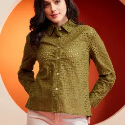 KASSUALLY Olive Cotton Self Design Shirt image 1