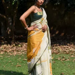 Suta Off-White & Green Cotton Printed Saree Without Blouse image 4