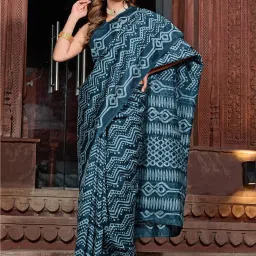 Saree Mall Blue Printed Sarees With Unstitched Blouse image 1