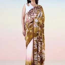 navyasa by liva Brown Printed Saree With Unstitched Blouse image 1