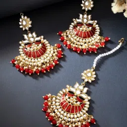 Peora Gold-Plated Kundan Pearl Enamel Maang Tikka Earring Set Jewellery image 1
