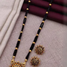 SOLIBELLE Gold Plated Artificial Stones Studded & Beaded Mangalsutra With Earrings image 2