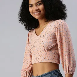 showoffff SHOWOFF Three-Quarter Sleeves V-Neck Peach Geometric Crop Top image 3