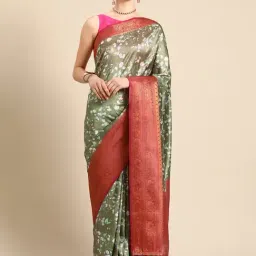 Silk Land Mahendi Green Silk Floral Saree With Unstitched Blouse-image-73