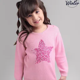 Babyoye Cotton Knit Full Sleeves Pullover Sweater Star Sequin Print - Pink-picture-31