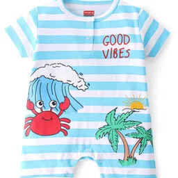 Babyhug 100% Cotton Knit Half Sleeves Striped   Romper with Crab Print - Blue-picture-11