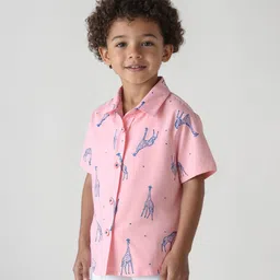 Bonfino 100% Cotton Woven Half Sleeves Shirt Giraffe Print- Pink-image-89