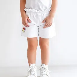 Bonfino Cotton Elastane Knee Length Paper Bag Waist Shorts with Floral Embroidery - White-image-52