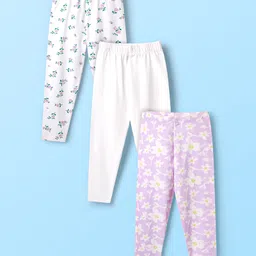 Kookie Kids Cotton Knit Full Length Leggings with Floral Print Pack of 3 - White & Lavender-image-86