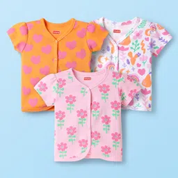 Babyhug 100% Cotton Interlock Knit Half Sleeves Front Open Vest with Floral & Heart Print Pack of 3 - Orange Pink & White-image-88