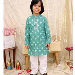 KID1 Cotton Woven Full Sleeves Floral Printed Mirror Work Detailed Kurta Pyjama Set - Green-picture-30