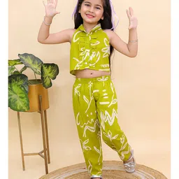 AJ Dezines Cotton Woven Sleeveless Floral Printed Top & Coordinating Pant Set - Green-picture-36