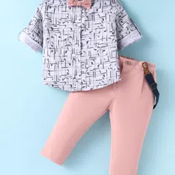 ToffyHouse Poplin Woven Full Sleeves Printed Party Shirt & Trouser Set With Bow & Suspender - White & Light Red-picture-20