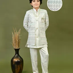 BT DEZINES Satin Woven Full Sleeves Chevron Embroidered Sequins & Pearls Embellished Sherwani Trousers With Mala Set - Off White-picture-32