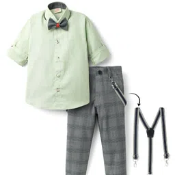 Rikidoos Full Sleeves Solid Shirt & Checked Pant With Bow & Suspender Set - Pista & Grey-picture-36