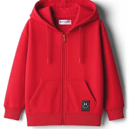 Kookie Kids Terry Knit Full Sleeves Hooded SweatJacket with Patch Detailing & Kangaroo Pocket - Red-image-72