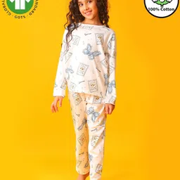 Anthrilo 100% Organic Cotton Knit Full Sleeves Cat & Keys Printed Comfort Fit Coordinating Night Suit Set - White-picture-21