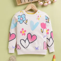 TOONYPORT Cotton Blend Knit Full Sleeves Heart & Flower Printed Light Winter Sweatshirt - Beige-picture-39