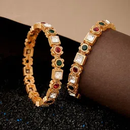 Anouk Gold Plated & Multicoloured Stone Studded & Floral Shaped Set of 2 Bangles-image-99