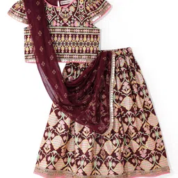 EARTHY TOUCH Knit Cap Sleeves Embroidered Choli Lehenga Set with Dupatta & Lace Detailing - Maroon image 2