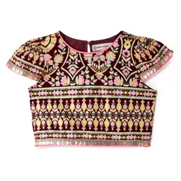 EARTHY TOUCH Knit Cap Sleeves Embroidered Choli Lehenga Set with Dupatta & Lace Detailing - Maroon image 3