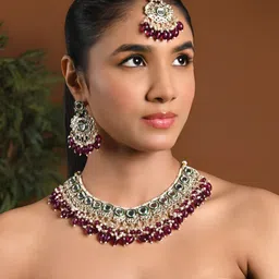 I Jewels Gold-Plated Kundan Studded & Beaded Necklace With Earrings & Maang Tikka-image-13