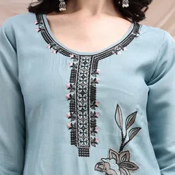 KALINI Women Floral Embroidered Regular Thread Work Chanderi Cotton Kurta with Trousers & With Dupatta image 4