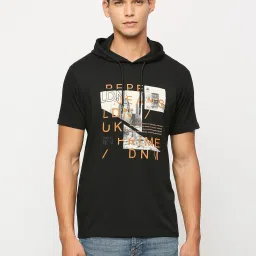 Pepe Jeans Black Cotton Regular Fit Printed Hooded T-Shirt image 1