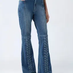 Nuon by Westside Blue Criss-Cross Detailed High-Rise Bootcut Jeans-image-87