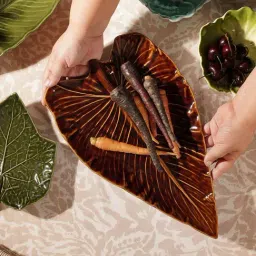 Pure Home and Living Brown Stoneware Cinnabar Elephant Ear Leaf Shaped Ceramic Platters-picture-24