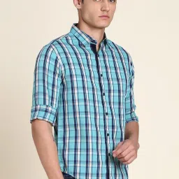 Dennis Lingo Light Blue Cotton Slim Fit Checks Shirt image 4