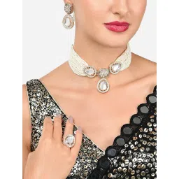 Zaveri Pearls Gold Tone Multistrand Beaded Kundan Choker Necklace Earring & Ring Set-ZPFK16078 image 1