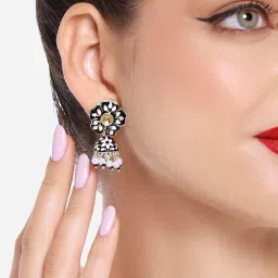 Zaveri Pearls Black & White Flower Enamel Ethnic Style Jhumki Earring-ZPFK16471 image 1