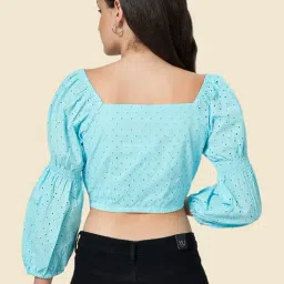 YU by Pantaloons Aqua Blue Cotton Self Pattern Crop Top image 5