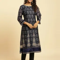 W Navy Printed Straight Kurta image 4