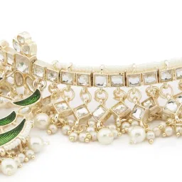 Zaveri Pearls Green Meenakari Crescent Shape Kundan Choker Necklace Earring Maangtikka & Ring Set-ZPFK13054 image 4