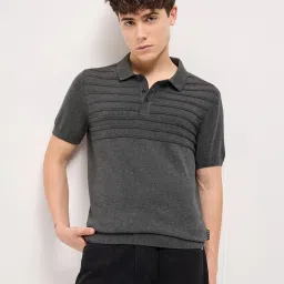 The Bear House Grey Cotton Regular Fit Self Design T-Shirt image 1