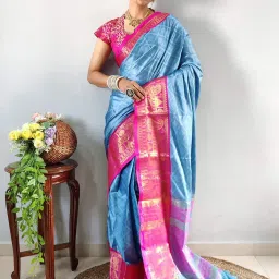 APNISHA Blue & Pink Woven Saree With Unstitched Blouse image 1