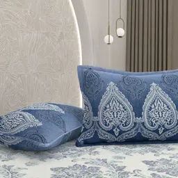 Pure Decor Blue & White Ethnic Motifs 350 TC Queen Bedsheet with 2 Pillow Covers-image-83